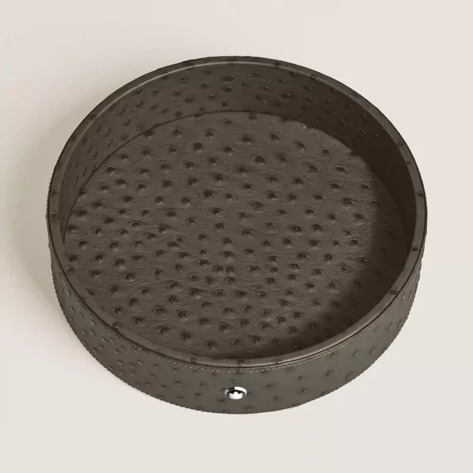 Bandeja de escritorio grande redonda en piel con relieve de avestruz Bandeja de escritorio grande redonda en piel con relieve de avestruz