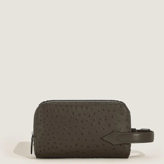Bolso de mano para artículos de aseo en piel con relieve de avestruz Bolso de mano para artículos de aseo en piel con relieve de avestruz