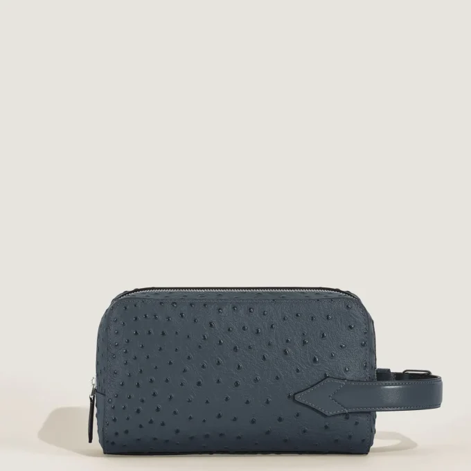 Bolso de mano para artículos de aseo en piel con relieve de avestruz Bolso de mano para artículos de aseo en piel con relieve de avestruz