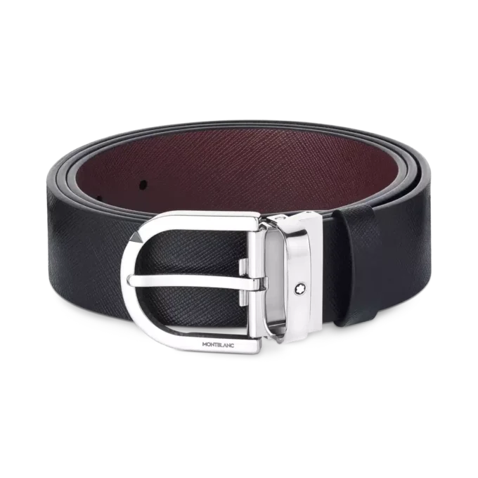 Cinturón de cuero reversible con hebilla Horseshoe estampada en negro/mosto de 35 mm Cinturón de cuero reversible con hebilla Horseshoe estampada en negro/mosto de 35 mm