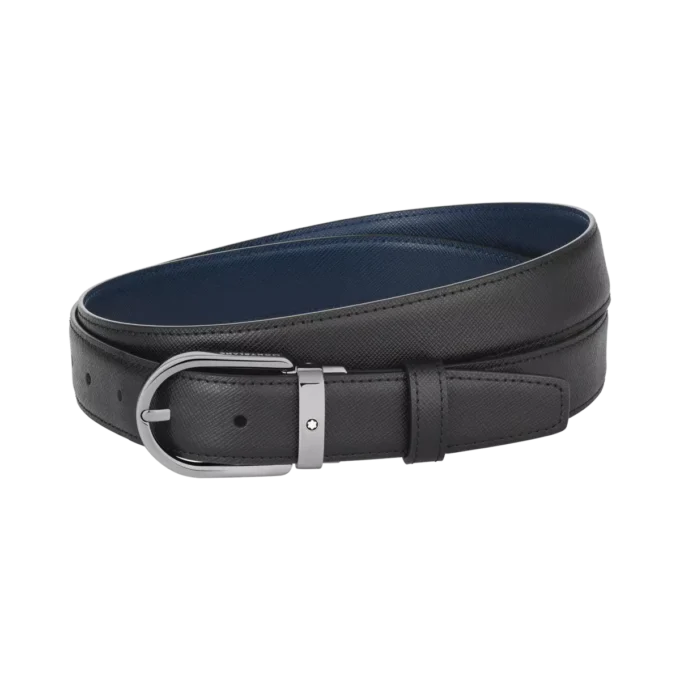 Cinturón de cuero reversible negro/azul de 30 mm con hebilla en forma de herradura Cinturón de cuero reversible negro/azul de 30 mm con hebilla en forma de herradura