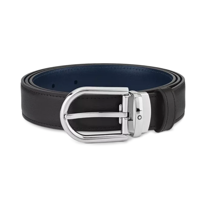 Cinturón de cuero reversible negro/azul de 30 mm con hebilla en forma de herradura Cinturón de cuero reversible negro/azul de 30 mm con hebilla en forma de herradura