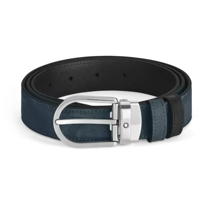 Cinturón reversible de cuero azul terciopelo/negro de 30 mm con hebilla en forma de herradura Cinturón reversible de cuero azul terciopelo/negro de 30 mm con hebilla en forma de herradura