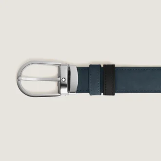 Cinturón reversible de cuero azul terciopelo/negro de 30 mm con hebilla en forma de herradura