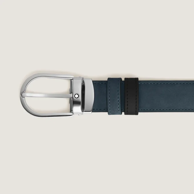 Cinturón reversible de cuero azul terciopelo/negro de 30 mm con hebilla en forma de herradura Cinturón reversible de cuero azul terciopelo/negro de 30 mm con hebilla en forma de herradura