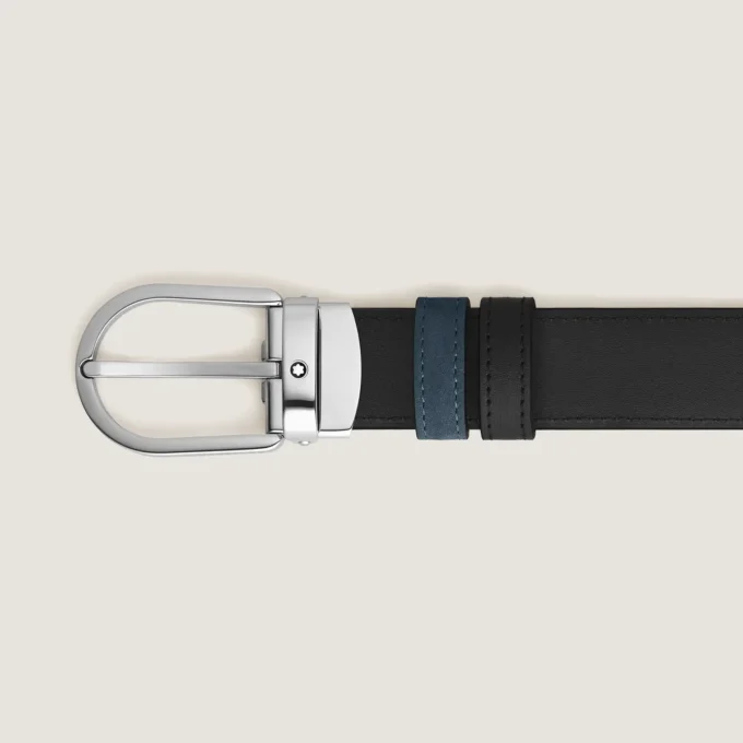 Cinturón reversible de cuero azul terciopelo/negro de 30 mm con hebilla en forma de herradura Cinturón reversible de cuero azul terciopelo/negro de 30 mm con hebilla en forma de herradura