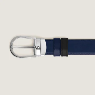 Cinturón reversible de cuero negro/azul tinta de 30 mm con hebilla en forma de herradura