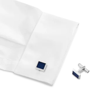Gemelos rectangulares de acero inoxidable con incrustaciones de motivos azules