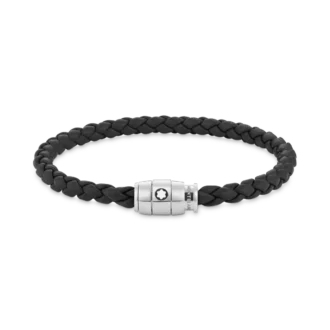 Pulsera de acero con cierre de 3 anillas y cuero negro