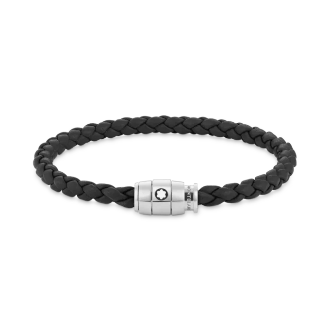 Pulsera de acero con cierre de 3 anillas y cuero negro Pulsera de acero con cierre de 3 anillas y cuero negro