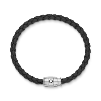 Pulsera de acero con cierre de 3 anillas y cuero negro