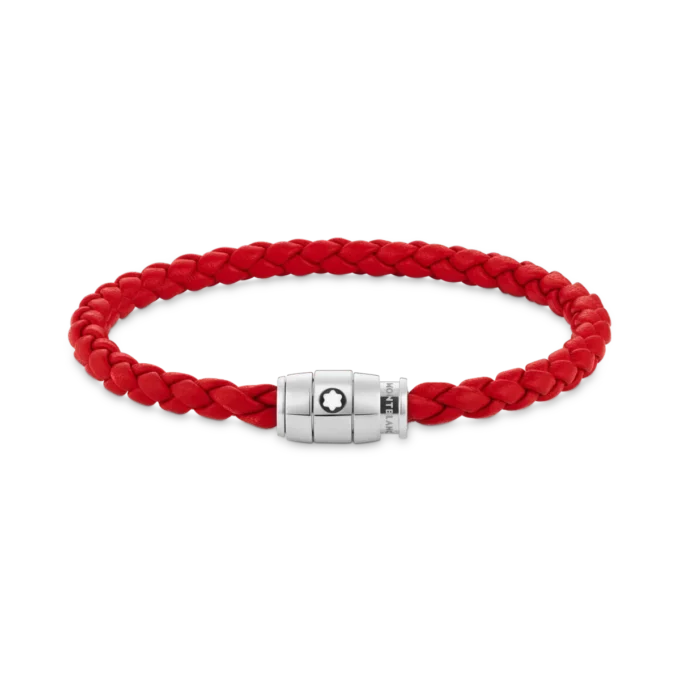 Pulsera de acero con cierre de 3 anillas y cuero rojo
