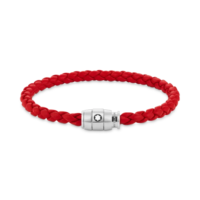 Pulsera de acero con cierre de 3 anillas y cuero rojo